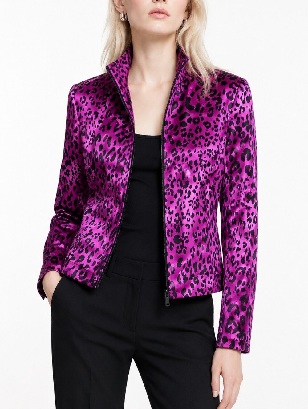 Carlisle Collection Silk Stand Collar Jacket in Fushica Pink Leopard Print